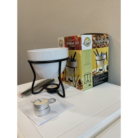 Vtg 2003 Wilton Dessert Fondue 8pcs Set 4 Forks Bowl Stand Candles Holder NOS - Picture 4 of 8